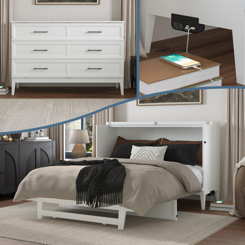 AFI, Santa Fe Queen Murphy Bed Chest with 6" Mattress & Built-in USB Charger, White