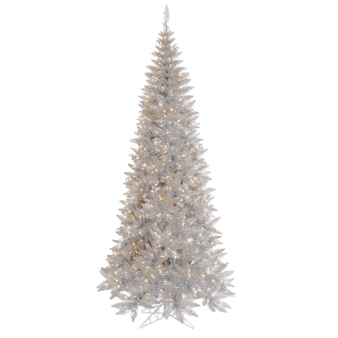 Vickerman 9' Silver Tinsel Fir Slim Artificial Christmas Tree, Warm White Dura-lit LED Lights - Faux Silver Christmas Tree - Seasonal Indoor Home Decor