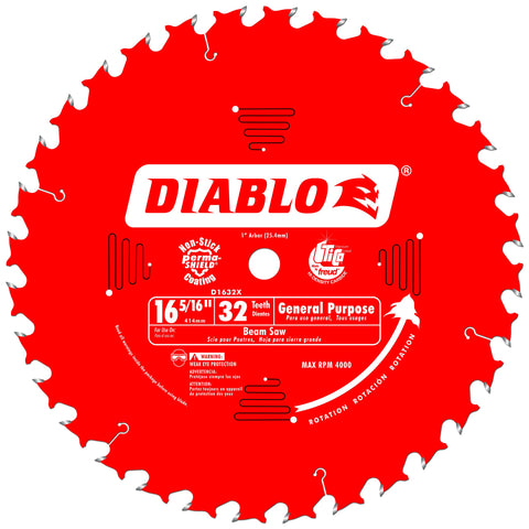 Diablo General Purpose Saw Blade for Wood - 16-5/16" Diameter, 32 ATB Teeth, 1" Arbor, .114" Kerf, 22? Hook Angle, .079" Plate, 4000 Max RPM - D1632X