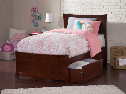 Metro Twin Extra Long Platform Bed with Matching Footboard and Turbo Charger with Urban Bed Drawers in Walnut