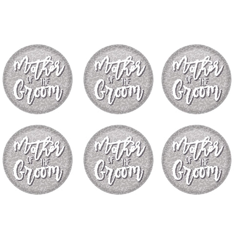 Beistle 6 Piece Prismatic Mother of The Groom Pinback Buttons for Bridal Shower Bachelorette Party Pins, 2", Silver/White