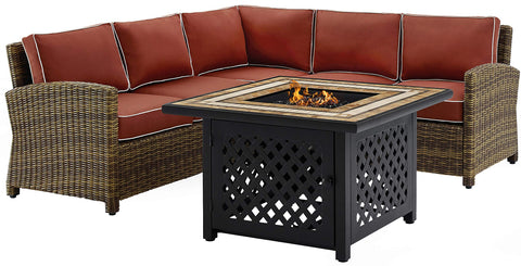Bradenton 4Pc Wicker Outdoor Sectional Set W/ Fire Table Weathered Brown/Sangria - Right Corner Loveseat, Left Corner Loveseat, Corner Chair, & Tucson Fire Table