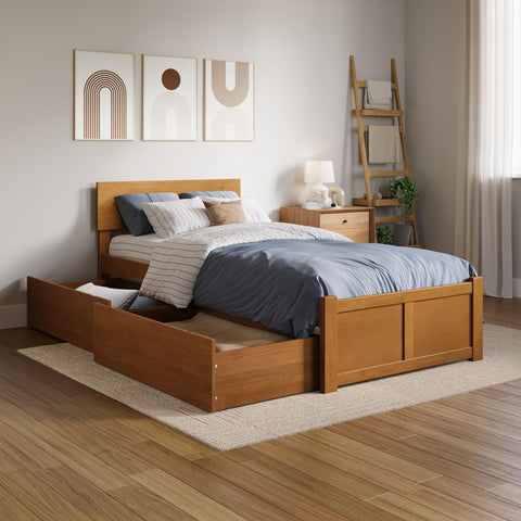 AFI Orlando Twin XL Solid Wood Platform Bed with Footboard & Storage Drawers in Light Toffee