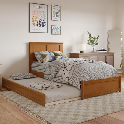 AFI, Felicity Twin XL Platform Bed with Panel Footboard and Twin XL Trundle, Light Toffee