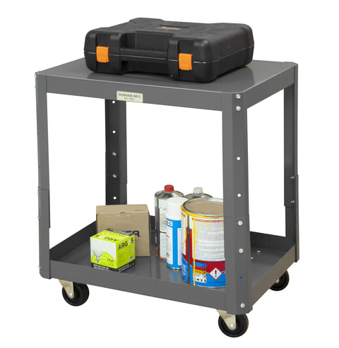 Mobile MT Workbench 24 x 48 2 Adjustable Shelves 16 Gauge Steel 1000 lbs. Capacity 3 x 1-1/4 Polyolefin Casters - (4) Swivel with side brakes Gloss Powder Paint Gray