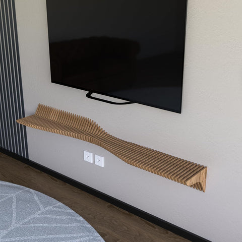 Parametric 60 inch Floating Shelf TV Unit Modern Geometric Wooden Wall Piece Decor Natural Oak Color 3D Wavy Living and Gaming Room Shelf