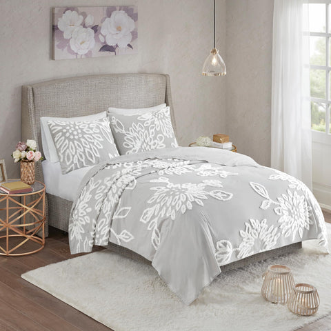 Madison Park Queen Duvet Cover Set Floral Chenille Tufted Cotton Duvet Cover for Queen Size Bed, Soft & Lightweight Queen Bedding Cover with Shams, Veronica, Full/Queen Grey/White 3 Piece