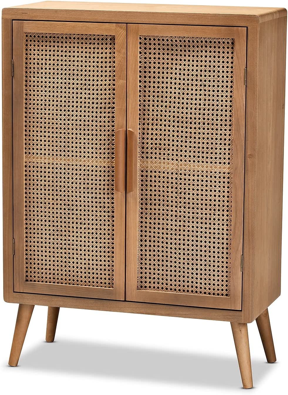 Baxton Studio Alina Mid-Century Modern Medium Oak Finished Wood and Rattan 2-Door Accent Storage Cabinet