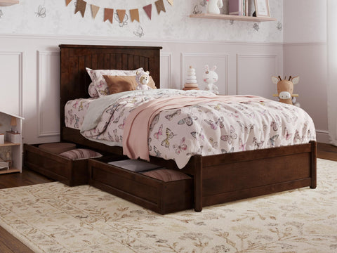 Malta Twin Platform Bed with Panel Footboard and Storage Drawers in Walnut