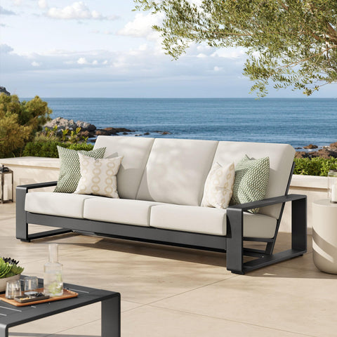 Modway Lirienne Aluminum Outdoor Sofa in Cream Gray - Weather-Resistant Modern 3-Seater Patio Couch with Removable Cushions