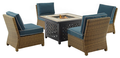 Bradenton 5Pc Wicker Outdoor Chair Set W/ Fire Table Navy/Weathered Brown - Tucson Fire Table & 4 Armless Chairs