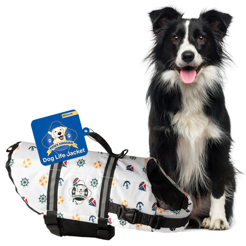 Paws Aboard Dog Life Jacket - Swimming Vest for Dogs, Adjustable, Reflective, Comfortable, Multiple Colors, Patterns, XX-Small to Extra Large Dog Swim Vest with Handle (Nautical, Medium)