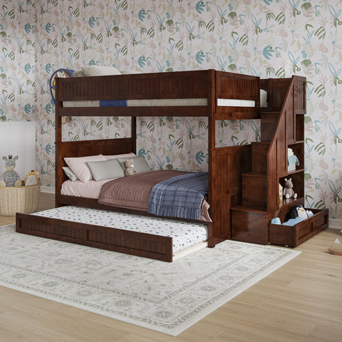 AFI, Dover Full Over Full Staircase Bunk Bed with Storage Drawer and Twin Trundle, Walnut