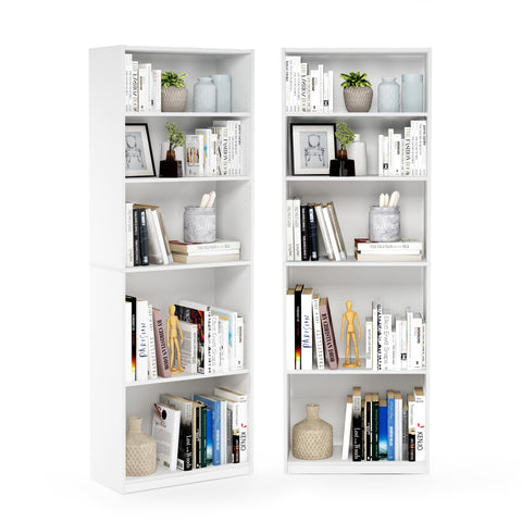 Furinno Jaya Book Shelf Set of 2, 5-Tier Bookshelf, Bookcase, with Adjustable Shelf, 9.5 x 24.5 x 71, for Home Office, Living Room, White