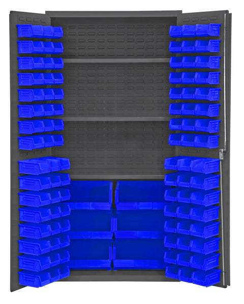 Durham 2501-BDLP-102-3S-5295 Lockable Cabinet with 102 Hook-On Bins, 3 Adjustable Shelves, Flush Door Style, 36" Wide, 16 Gauge, Gray