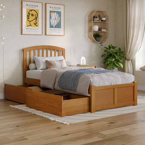 AFI Richmond Twin XL Solid Wood Platform Bed with Footboard & Storage Drawers in Light Toffee