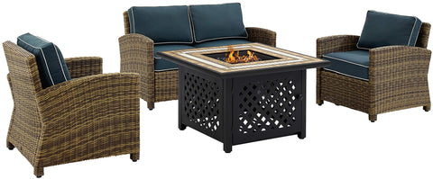 Bradenton 4Pc Wicker Outdoor Loveseat Set W/ Fire Table Weathered Brown/Navy - Loveseat, Tucson Fire Table, & 2 Arm Chairs