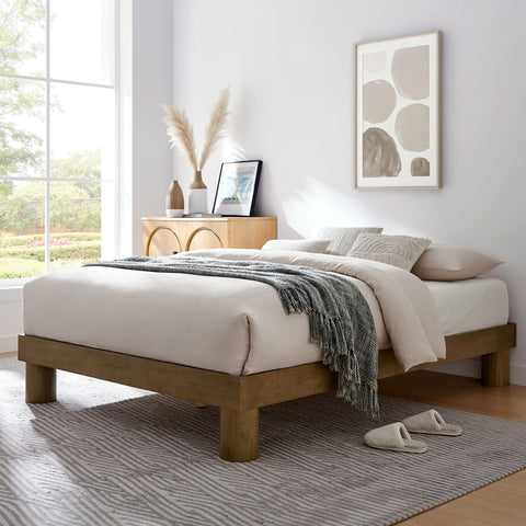 Modway Runa Wood Queen Platform Bed in French Oak - Minimalist Queen Size Bed Frame with Wood Slat Support - No Box Spring Needed