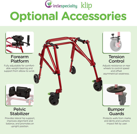 Klip- Lightweight Posterior Rollator Walker/Gait Trainer 4 Wheel - Lightweight Posterior Walker for Toddlers, Kids, Teens with Special Needs (Small, Red)