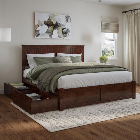 AFI Nantucket King Solid Wood Platform Bed with Footboard & Storage Drawers in Walnut