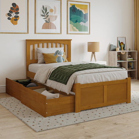 AFI Mission Twin Solid Wood Platform Bed with Footboard & Storage Drawers in Light Toffee