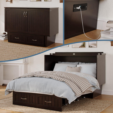 AFI, Nantucket Full Size Murphy Bed Chest with Mattress, Built-in Charging Station and Storage Drawer, Full, Espresso