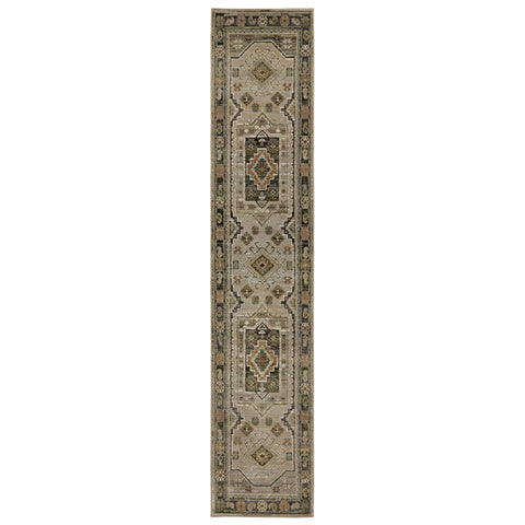 Oriental Weavers Andorra Area Rug - 2442D - 2'6" x 12' - in Grey/Green - Vintage Bohemian Style, Stain Resistant, Family and Pet Friendly, Entryway, Hallway Runner Rug
