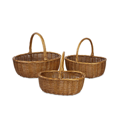 Nesting set of 3 medium brown oval handle baskets