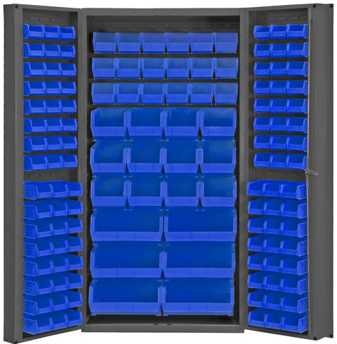 Heavy Duty Cabinet 14 Gauge 36 x 24 x 72 132 Blue Bins 4 Inch Deep Box Doors with Louvered Panel Lockable Chrome Handle with Keys Gray
