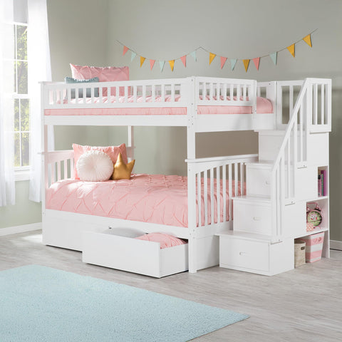 AFI Columbia Full over Full Size Staircase Bunk Bed with Bed Drawers & Charging Station in White