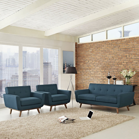 Modway Engage Mid-Century Modern Upholstered Fabric Two Armchair and Loveseat Set in Azure