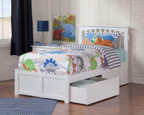 Mission Twin Platform Bed with Flat Panel Foot Board and 2 Urban Bed Drawers in White