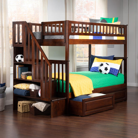 Woodland Staircase Bunk Bed Twin over Twin with 2 Raised Panel Bed Drawers in Walnut