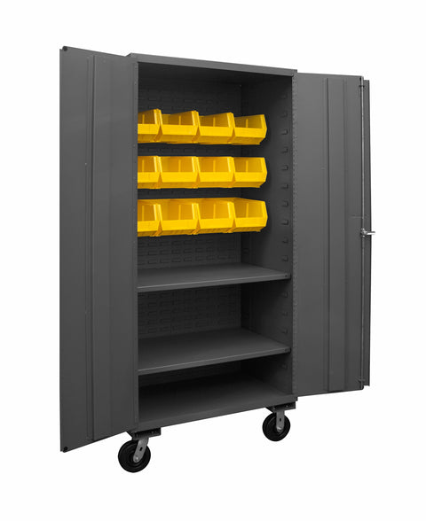 Durham 2501M-BLP-12-2S-95 Lockable Mobile Cabinet with 12 Yellow Hook-On Bins, 2 Adjustable Shelves, Flush Door Style, 36" Wide, 16 Gauge, Gray