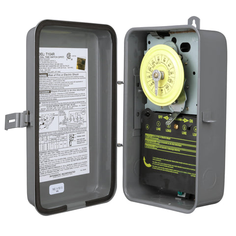 Intermatic T104R 24 Hour Mechanical Timer Switch - 208–277 VAC, DPST, Type 3R Indoor/Outdoor Metal Enclosure, Heavy-Duty, Manual Override, 40 Amp – Ideal for Lights, Pumps, Fans, and HVAC Systems