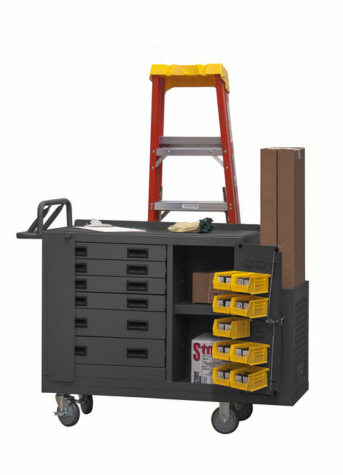 14 Gauge Lockable Maintenance Cart With 9 Yellow Hook-On Bins 1 Shelf 6 Drawers Tubular Push Handle 1-1/2 Back Lip Up Padlockable Door Ladder Hanger Gray