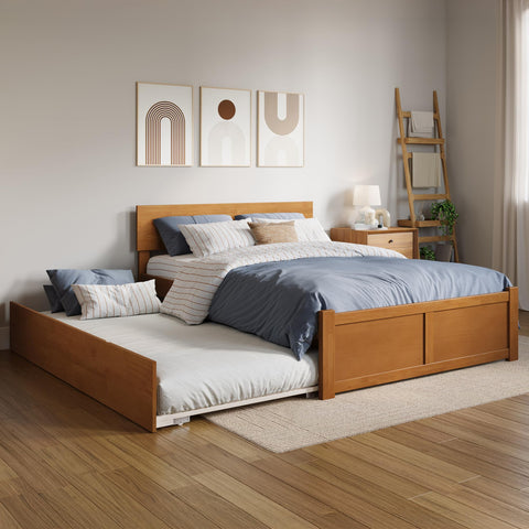 AFI Orlando Full Solid Wood Platform Bed with Footboard & Twin Trundle in Light Toffee