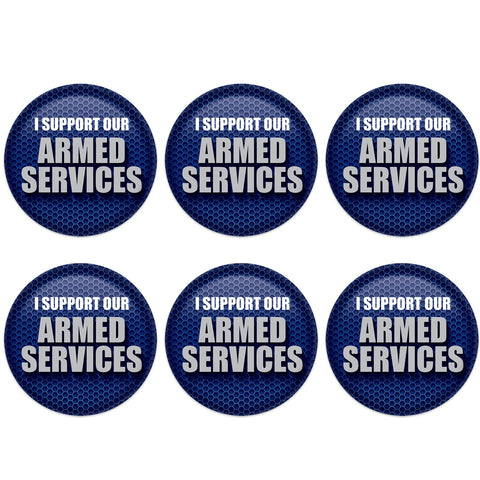 Beistle 6 Piece Support Our Troops Armed Services United States Pinback Button Badge Pins for 4th of July Patriotic Decorations Independence Day Party Supplies and Favors, 2", Blue/White/Gray