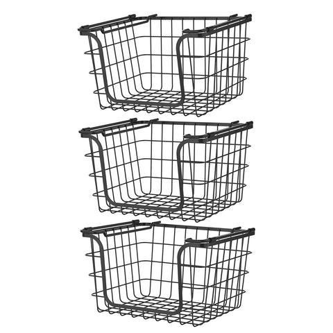 oceanstar Stackable Metal Wire Storage Basket Set for Pantry, Countertop, Kitchen or Bathroom – Black, Set of 3