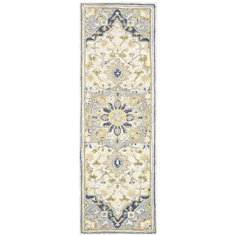 Oriental Weavers Alfresco Hand-Made Wool Area Rug - 28402-2'6" x 8' - in Blue/Ivory - Vintage Inspired, Hand-Made Wool Rugs, Entryway, Hallway Runner Rug
