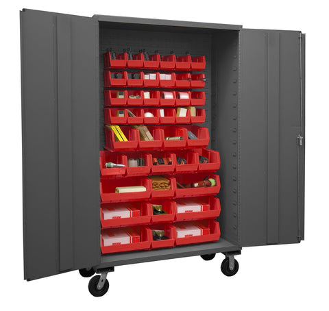 Durham 2502M-BLP-42-1795 Lockable Mobile Cabinet with 42 Red Hook-On Bins, Flush Door Style, 48" Wide, 16 Gauge, Gray