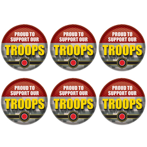 Beistle Proud to Support Our Troops Buttons – 6-Pack Patriotic Camouflage Pin-Back Badges with Bold Yellow Text, Military Appreciation Accessories for Rallies, Parades and Patriotic Events, 2”