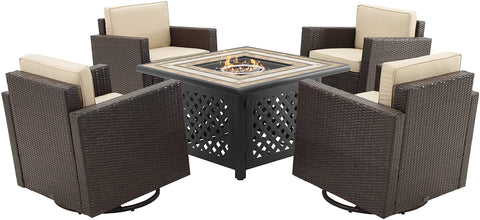 Palm Harbor 5Pc Outdoor Swivel Rocker Set W/ Fire Table Sand/Brown - Tucson Fire Table & 4 Swivel Rocking Chairs