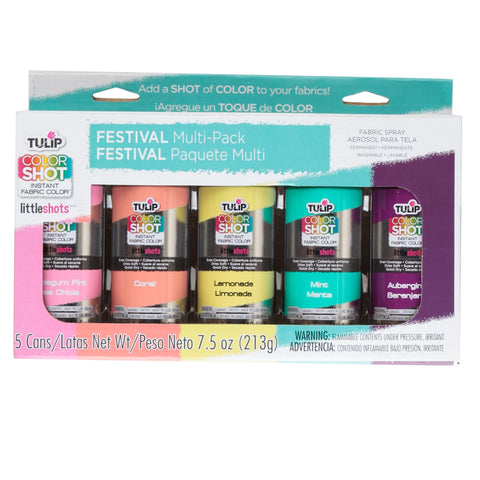 Tulip ColorShot Instant Fabric Spray Paint, Permanent Color Spray-On Fabric Paint Mini-Cans, 1.5 oz Festival 5 Pack, Bubblegum Pink, Coral, Lemonade Yellow, Mint, Aubergine