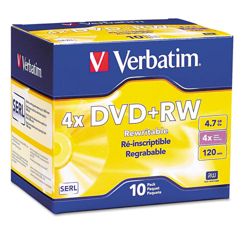 Verbatim DVD+rw Rewritable Disc, 4.7 Gb, 4X, Slim Jewel Case, Silver, 10/Pack