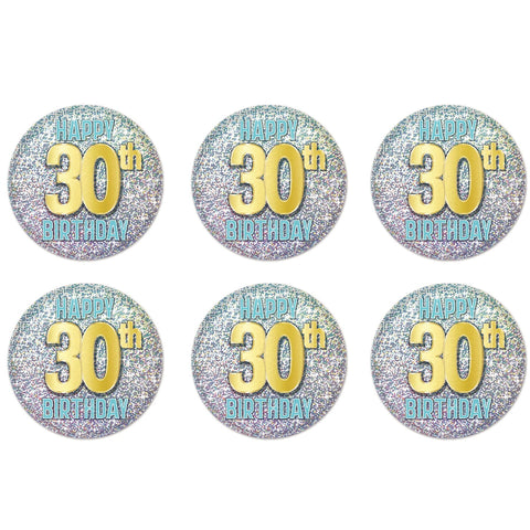 Beistle 6 Piece Prismatic Happy 30th Birthday Party Favors Pinback Buttons, 2", Blue/Gold/Silver