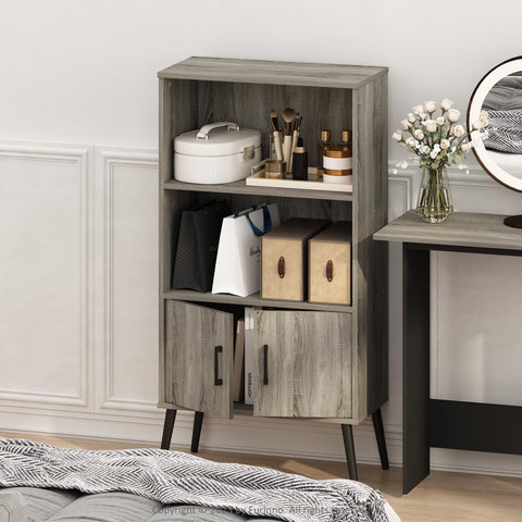 Furinno MIDCENTURY Storage Cabinet, 3 Tier Accent Cabinet with Open Shelves, Closed Cabinet, Wooden Legs, Organization and Storage, for Living Room, Home Office, French Oak Grey