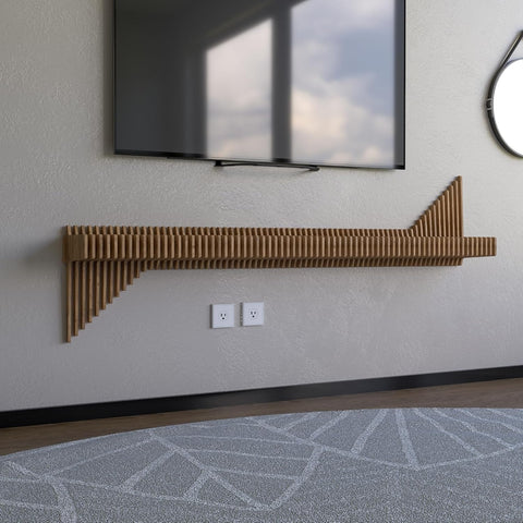 Parametric 65 inch Floating Shelf TV Unit Modern Geometric Wooden Wall Piece Decor Natural Oak Color 3D Wavy Living and Gaming Room Shelf