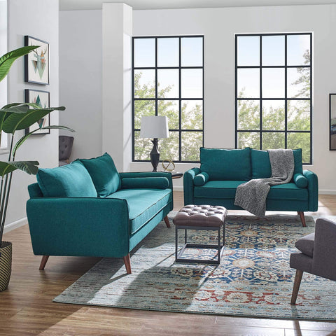 Modway Revive Upholstered Fabric Sofa and Loveseat Set, Teal