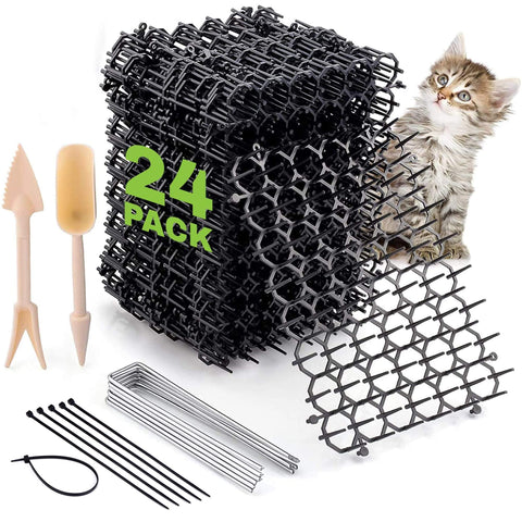 Cat Scat Spike Strips (24Pack) - Pet and Dog Deterrent Prickle Mat for Garden, Porch, Home – Effective, Non-Invasive and Safe – Easy to Install – includes 6 Garden Pegs, 12 Ties and 2 Gardening Tools